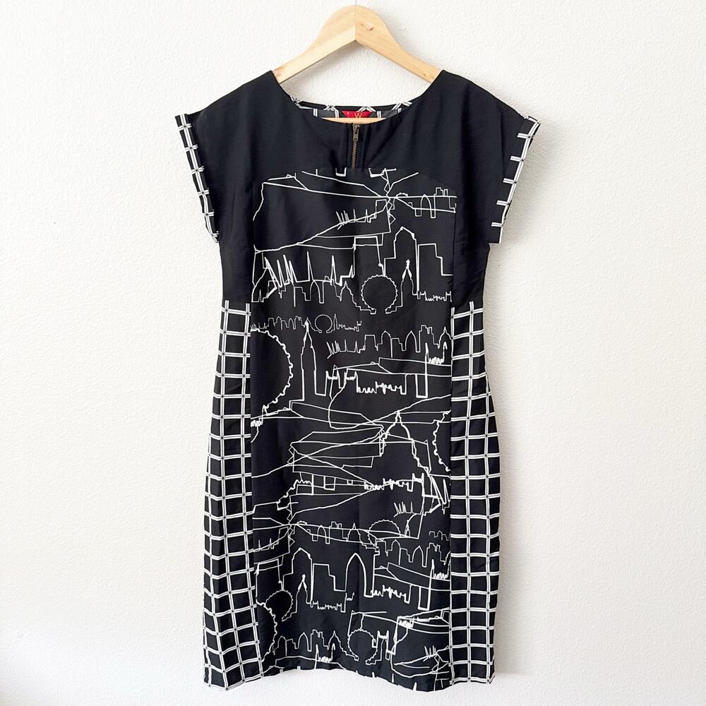 W FOR WOMEN | Black White Shift Dress Straight Cut Sleeveless Skyline | Size 8
